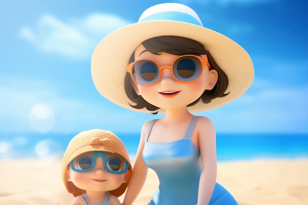 Foto gratuita renderización en 3d de un niño con sus padres en la playa