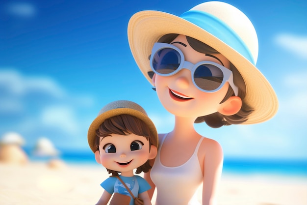 Foto gratuita renderización en 3d de un niño con sus padres en la playa