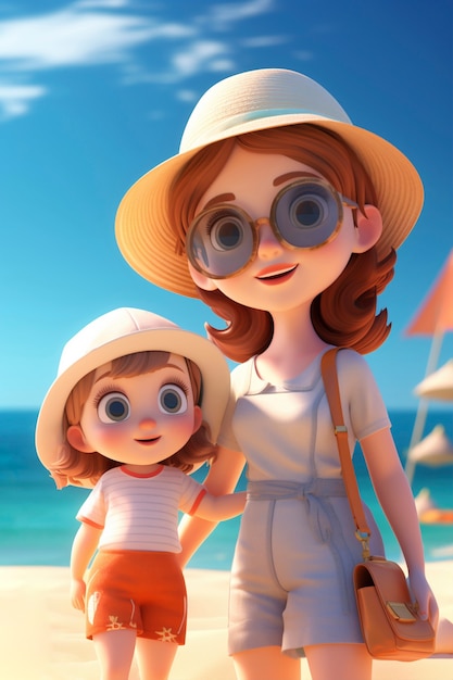 Renderización en 3D de un niño con sus padres en la playa