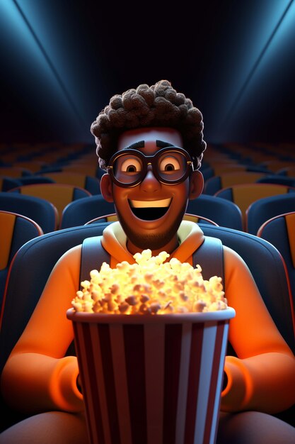 Renderización 3D de una persona viendo una película con palomitas de maíz