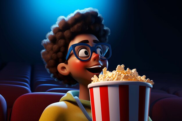 Renderización 3D de una persona viendo una película con palomitas de maíz