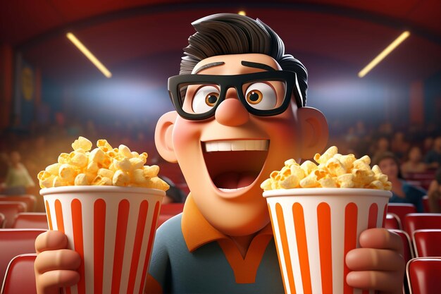 Renderización 3D de una persona viendo una película con palomitas de maíz