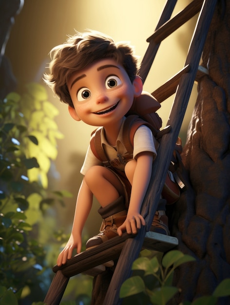 Renderización en 3D de un personaje de dibujos animados explorando como un bosque