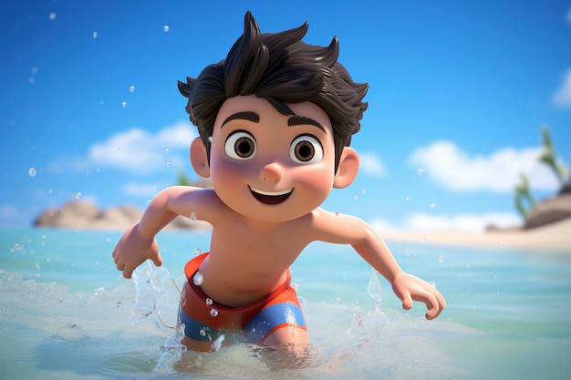 Foto gratuita renderización en 3d de un personaje de dibujos animados en la playa