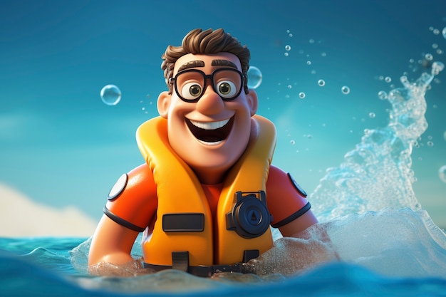 Renderización en 3D de un personaje de dibujos animados en la playa