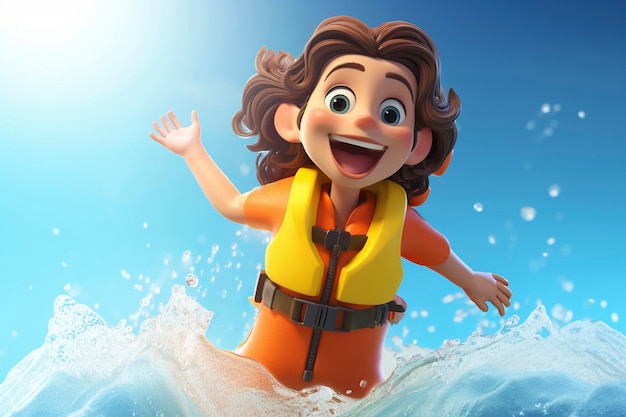 Renderización en 3D de un personaje de dibujos animados en la playa
