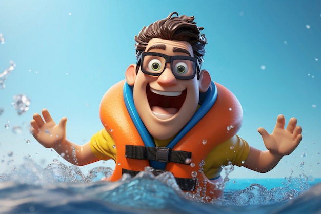 Renderización en 3D de un personaje de dibujos animados en la playa