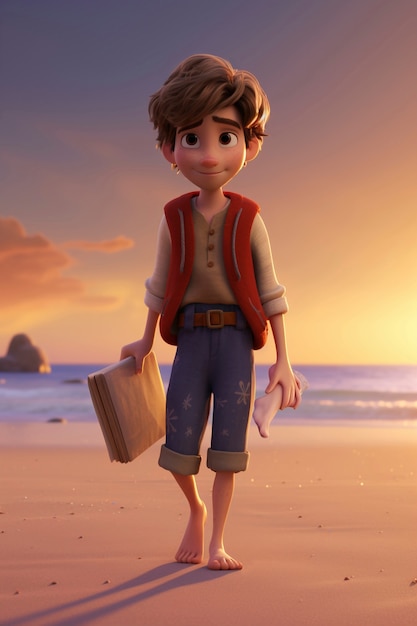 Renderización en 3D de un personaje de dibujos animados en la playa