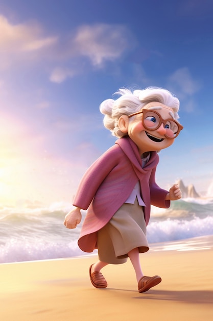 Renderización en 3D de un personaje de dibujos animados en la playa