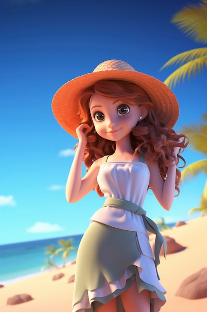 Renderización en 3D de un personaje de dibujos animados en la playa