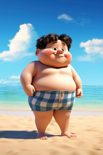 Renderización en 3D del personaje gordito en la playa