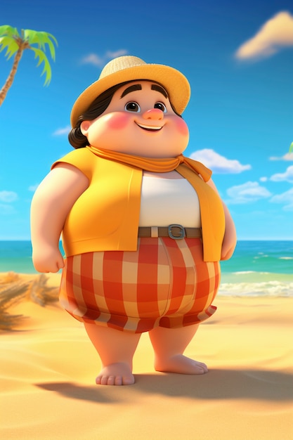 Renderización en 3D del personaje gordito en la playa