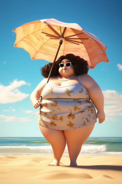 Renderización en 3D de un personaje gordo en la playa