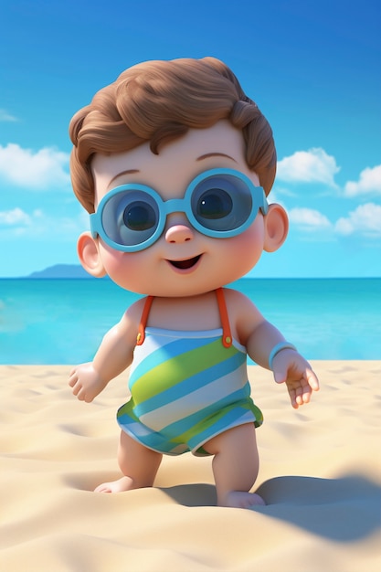 Foto gratuita renderización en 3d del personaje del niño en la playa