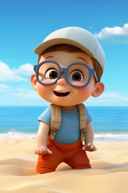 Foto gratuita renderización en 3d del personaje del niño en la playa