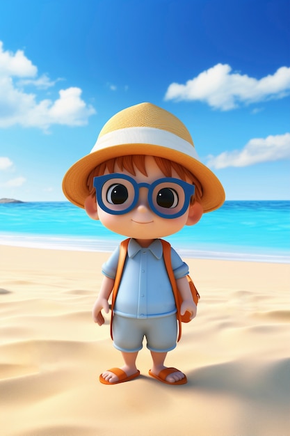 Renderización en 3D del personaje del niño en la playa