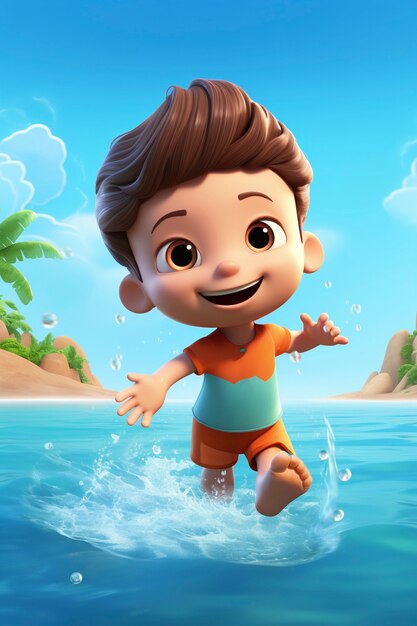 Renderización en 3D del personaje del niño en la playa