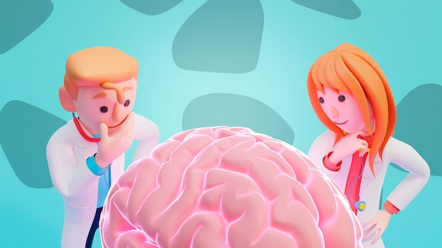 Renderización en 3D de personas mirando el cerebro humano
