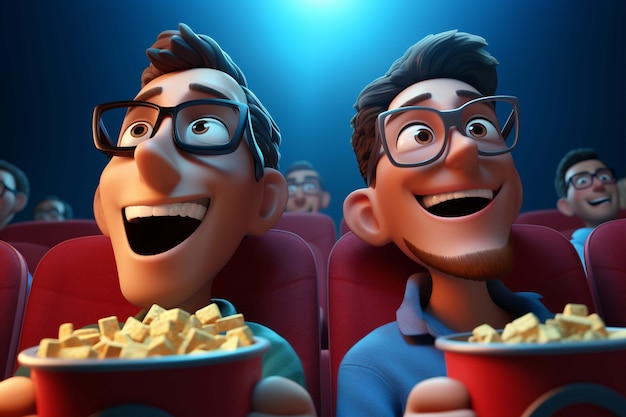 Foto gratuita renderización 3d de personas viendo películas con palomitas de maíz