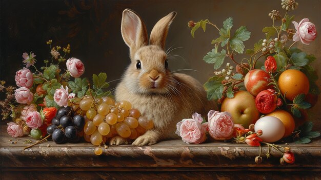 Renderización 3D de la pintura del conejo de Pascua en la Edad Media