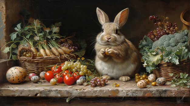 Renderización 3D de la pintura del conejo de Pascua en la Edad Media