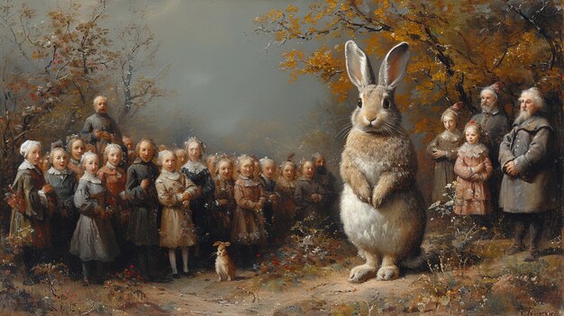 Renderización 3D de la pintura del conejo de Pascua en la Edad Media