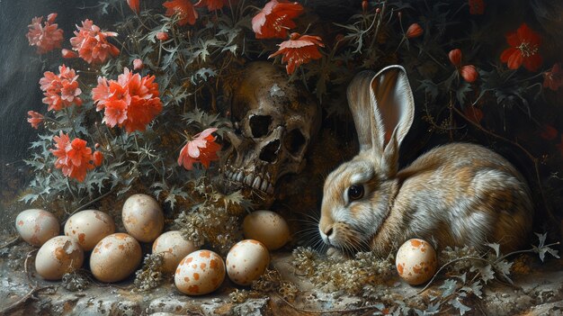 Renderización 3D de la pintura del conejo de Pascua en la Edad Media