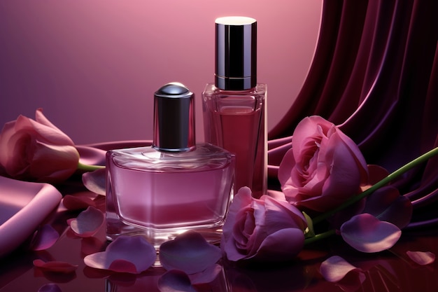 Renderización 3D de productos de cuidado personal en color rosa fondante