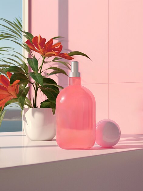 Renderización 3D de productos de cuidado personal en color rosa fondante