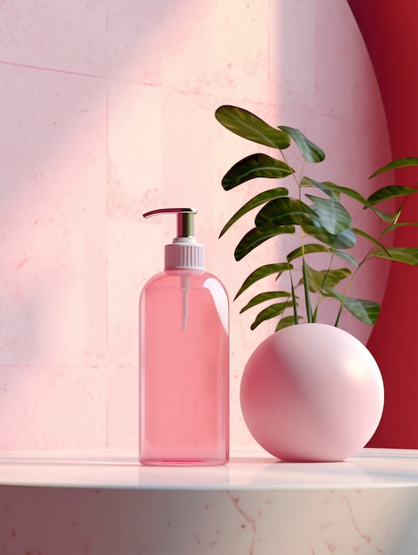 Renderización 3D de productos de cuidado personal en color rosa fondante