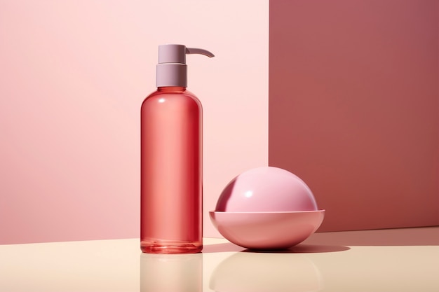 Renderización 3D de productos de cuidado personal en color rosa fondante