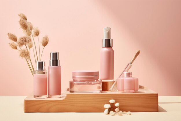 Renderización 3D de productos de cuidado personal en color rosa fondante
