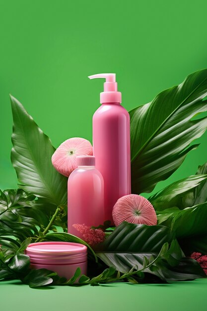 Renderización 3D de productos de cuidado personal en color rosa fondante