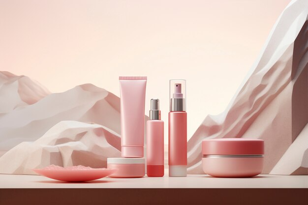 Renderización 3D de productos de cuidado personal en color rosa fondante