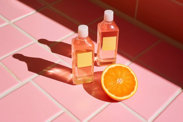 Renderización 3D de productos de cuidado personal en color rosa fondante