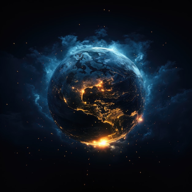 Renderización en 3D de la Tierra oscura en el espacio