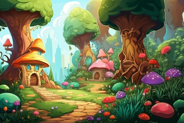 Renderización de la aldea de fantasía de dibujos animados