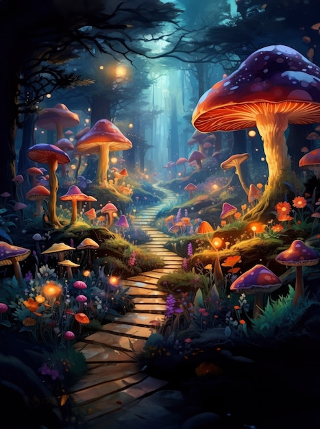 Renderización del bosque de hongos de fantasía de dibujos animados