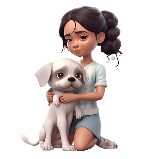 Renderización digital en 3D de una niña linda abrazando a un perro aislado sobre un fondo blanco