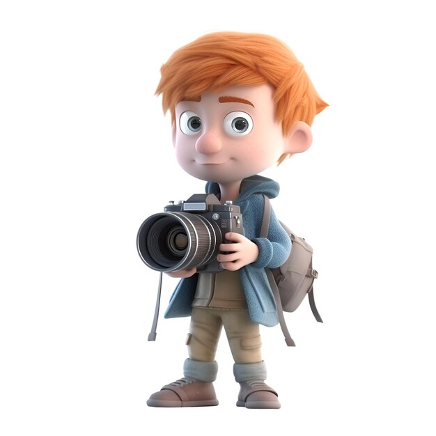 Renderización digital 3D de un niño con una cámara aislada sobre un fondo blanco