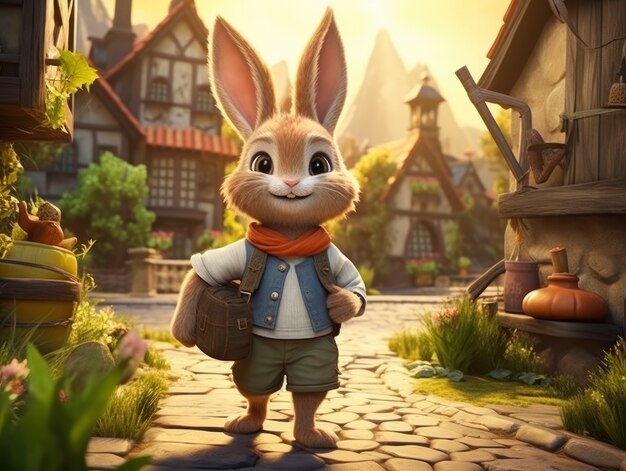 Renderización de una escena de fantasía de dibujos animados con un conejo