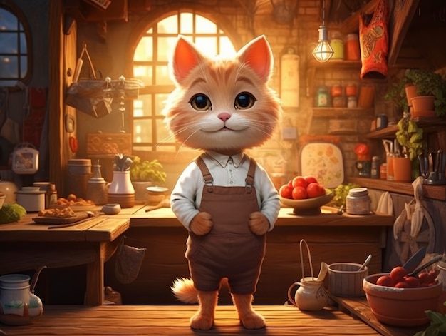 Foto gratuita renderización de una escena de fantasía de dibujos animados con un gato