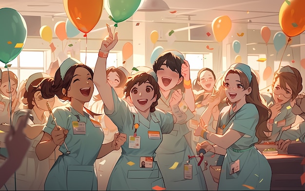 Renderización de médicos de anime teniendo una fiesta