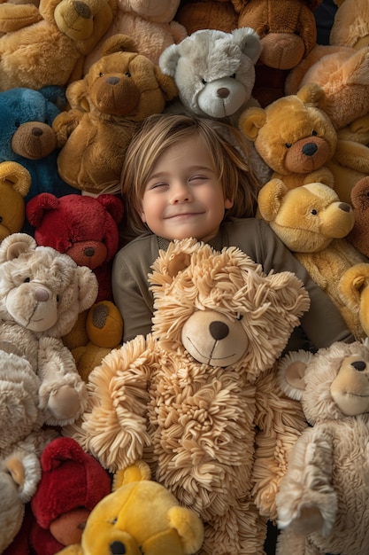 Foto gratuita renderización surrealista de un niño saltando con un juguete de peluche gigante