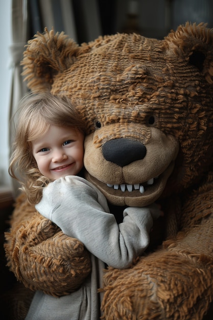 Foto gratuita renderización surrealista de un niño saltando con un juguete de peluche gigante