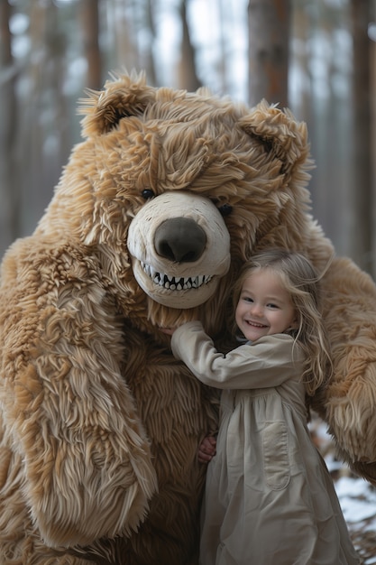 Foto gratuita renderización surrealista de un niño saltando con un juguete de peluche gigante