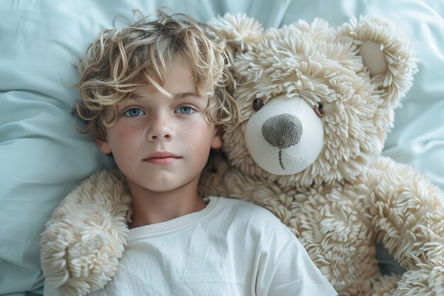 Renderización surrealista de un niño saltando con un juguete de peluche gigante