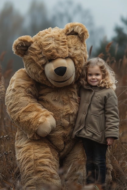 Renderización surrealista de un niño saltando con un juguete de peluche gigante