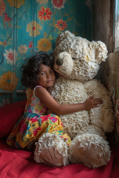 Foto gratuita renderización surrealista de un niño saltando con un juguete de peluche gigante