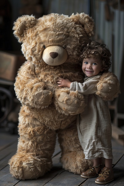 Renderización surrealista de un niño saltando con un juguete de peluche gigante